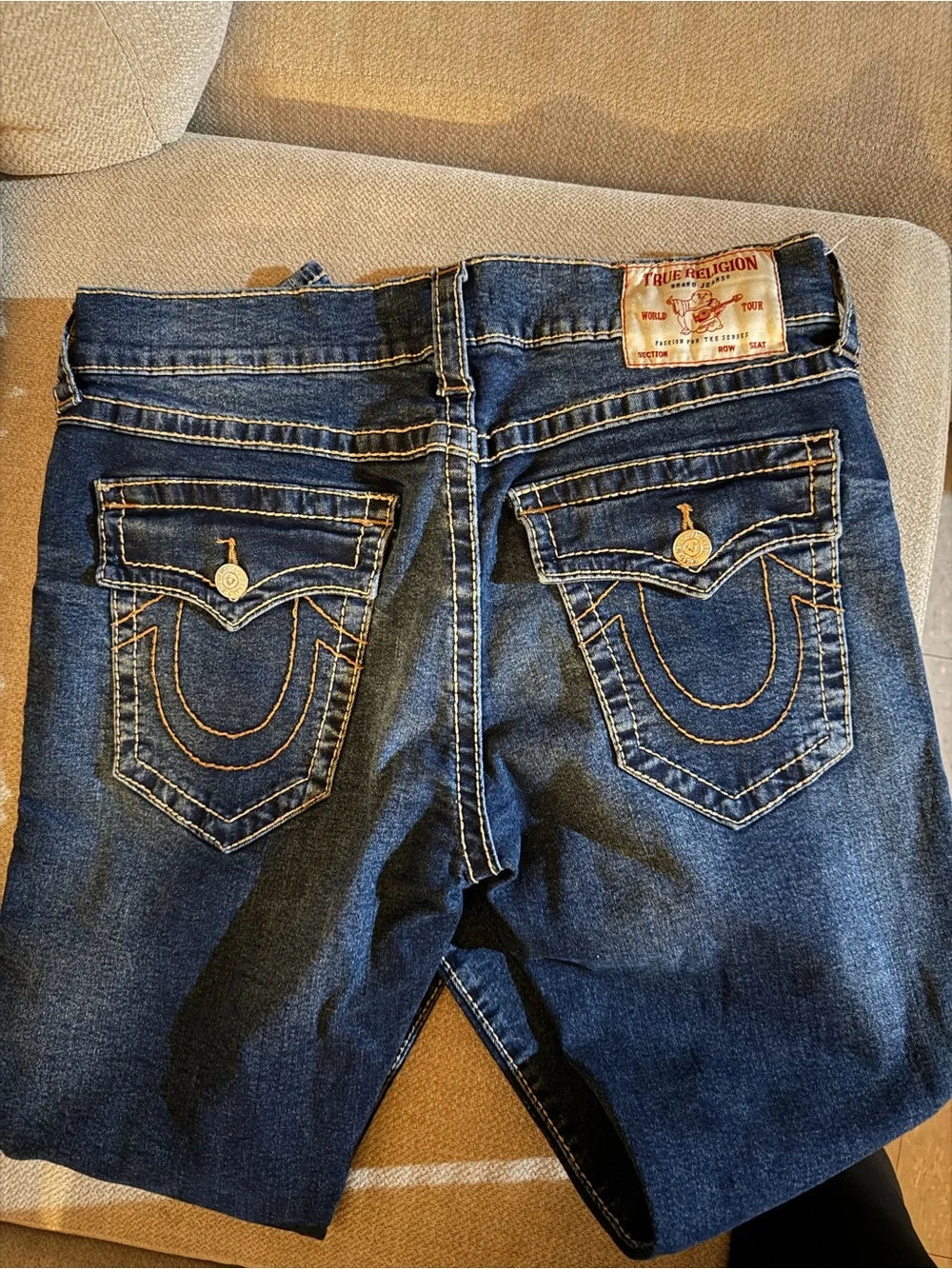 True Religion Dark Blue Jeans with Signature Pocket Stitching